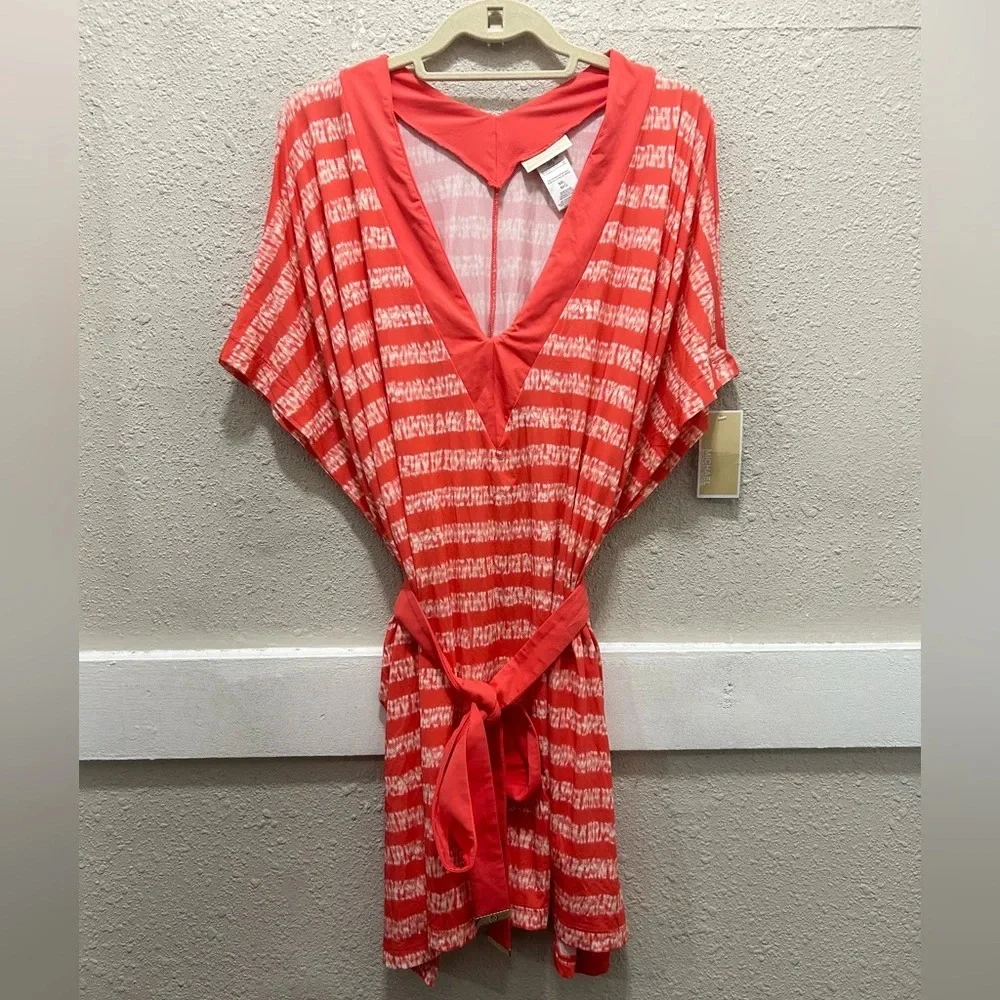 Michael Kors Kytoto Stripe V-Neck Belted Tunic Cover-Up Sangria M/L NWT